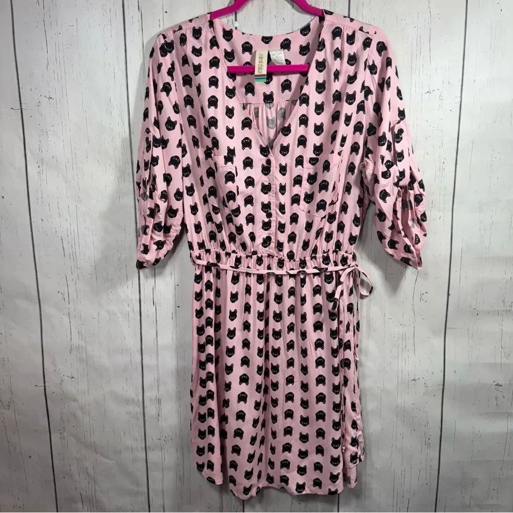 Mimi Chica Pink Black Cat Print Dress Size L Tie Waist Kawaii Novelty Whimsical